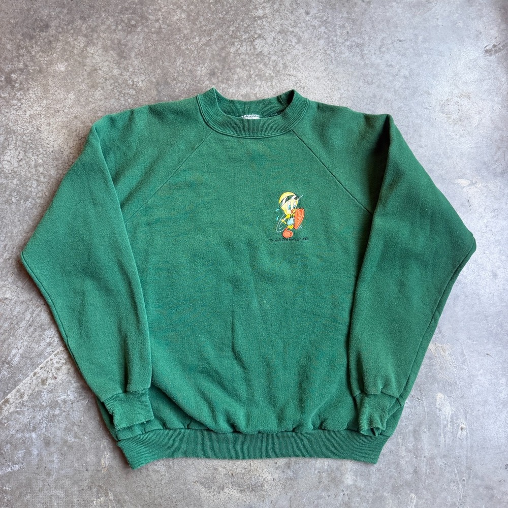 Vintage 90s Looney Tunes Tweety Bird Green Raglan Sleeve Sweatshirt Adult Large
